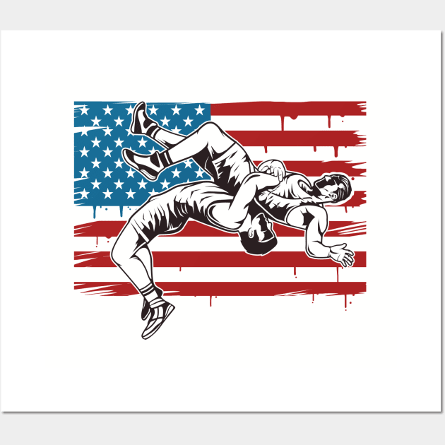 Wrestling - Wrestlers American Flag Wall Art by Kudostees